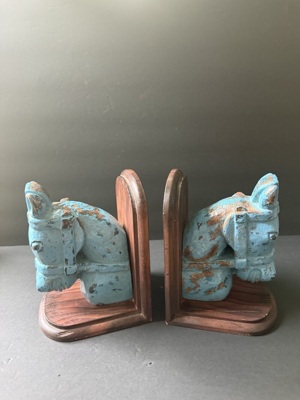 Vintage Wood Horse Head Book Ends Carved Pair (2) Painted Thailand Boho Rustic